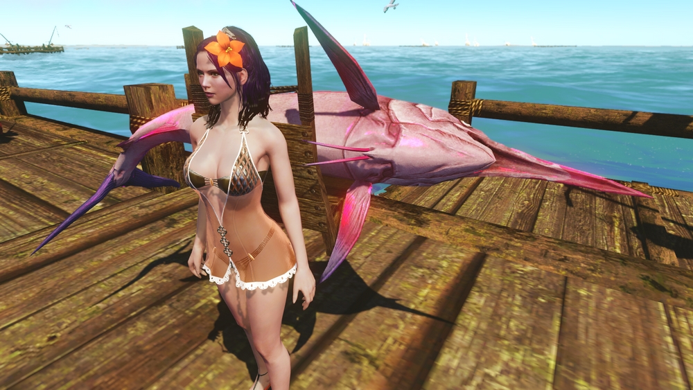 Trish carrying Gargantuan Pink Marlin